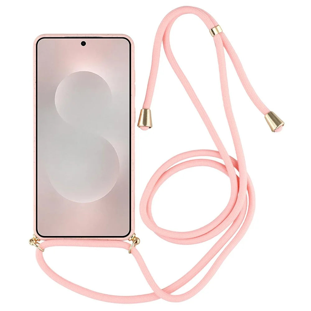 For Samsung Galaxy S25 Edge Case Biodegradable Wheat Straw + TPU Eco-Friendly Phone Cover with Lanyard - Pink - 2