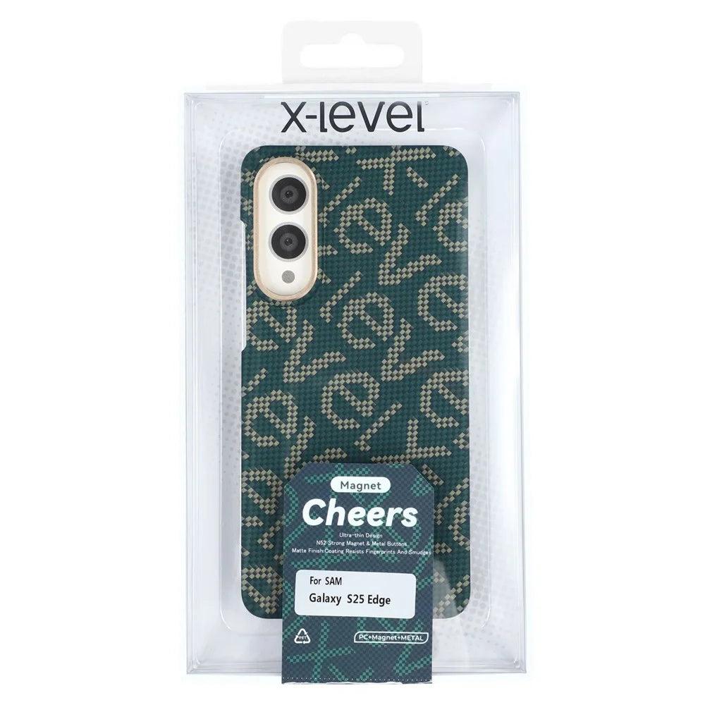 X-LEVEL For Samsung Galaxy S25 Edge Magnetic Case PC + Metal Phone Back Cover Carbon Fiber Texure - Green - 6