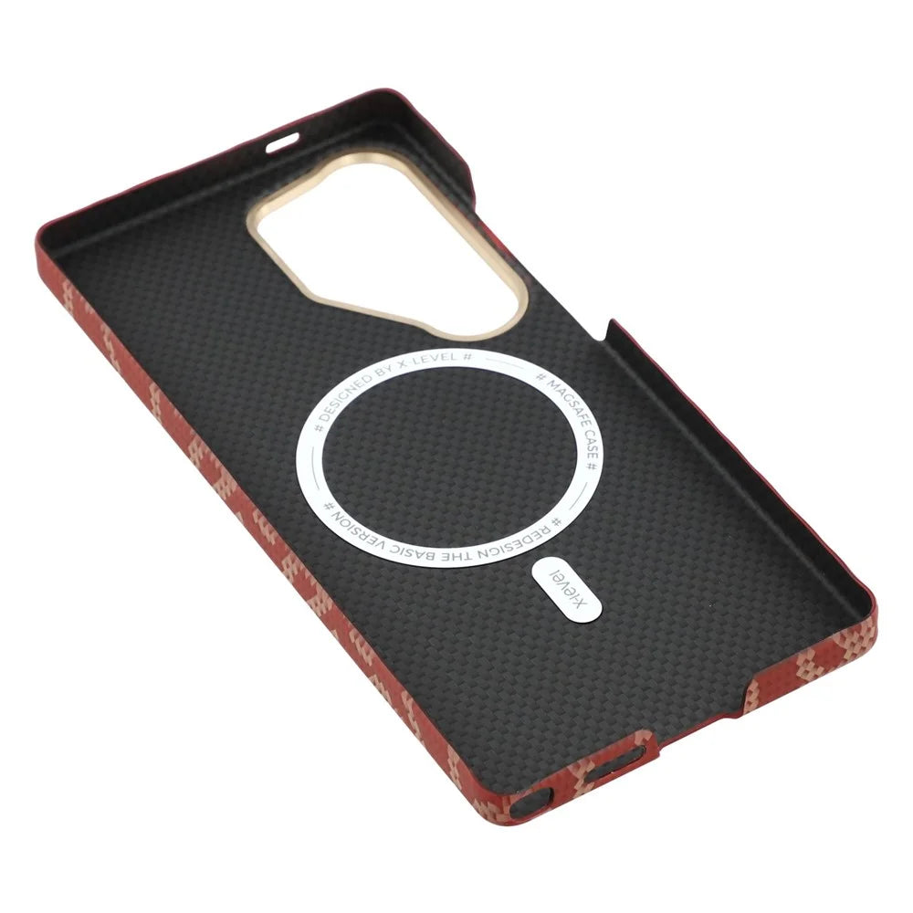 X-LEVEL For Samsung Galaxy S25 Ultra Magnetic Case PC + Metal Phone Back Cover Carbon Fiber Texure - Red - 5