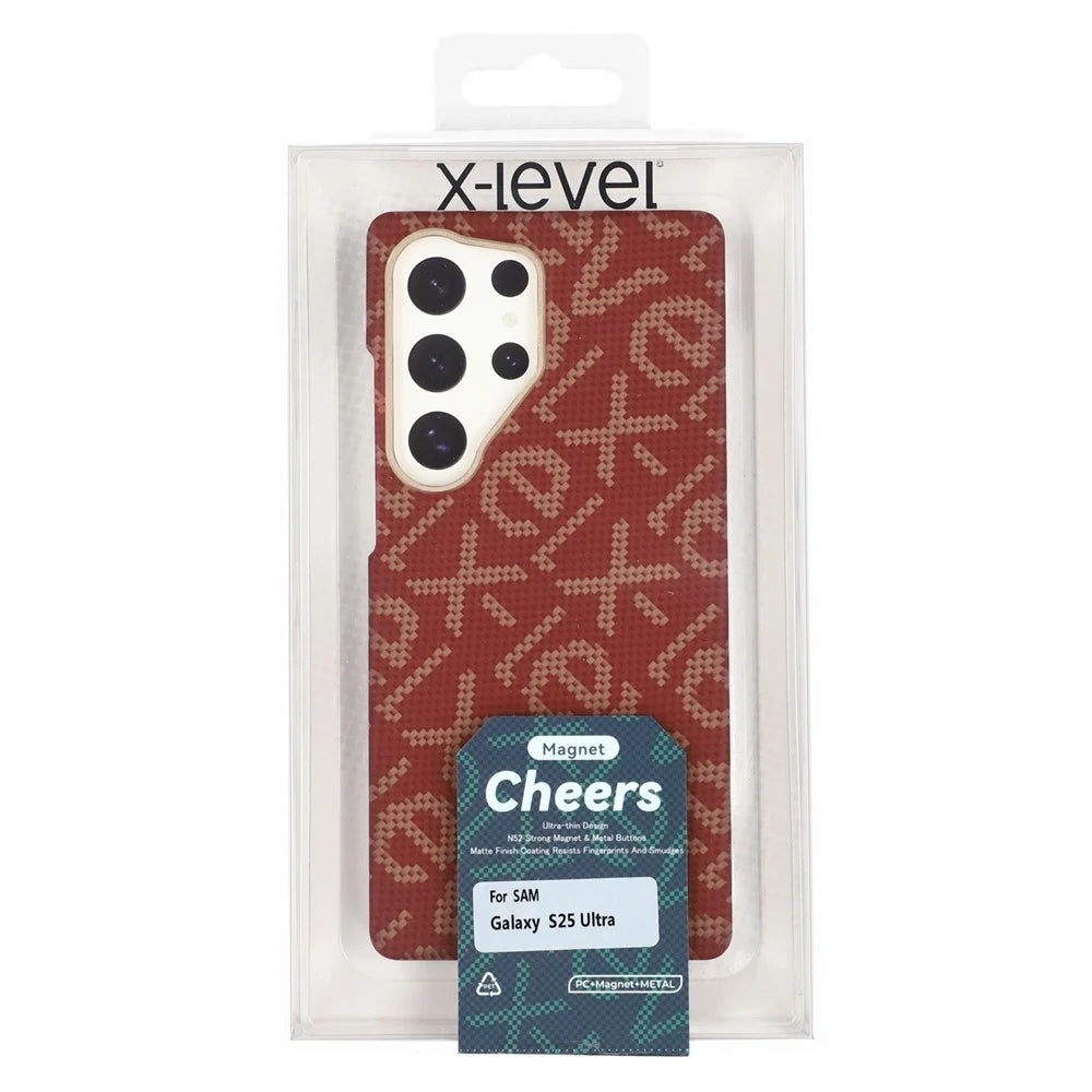 X-LEVEL For Samsung Galaxy S25 Ultra Magnetic Case PC + Metal Phone Back Cover Carbon Fiber Texure - Red - 6