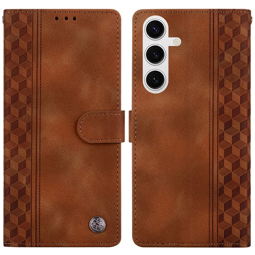 For Samsung Galaxy S25 Leather Case Imprinted Checkered Pattern Wallet Stand Flip Phone Cover - Brown - 1