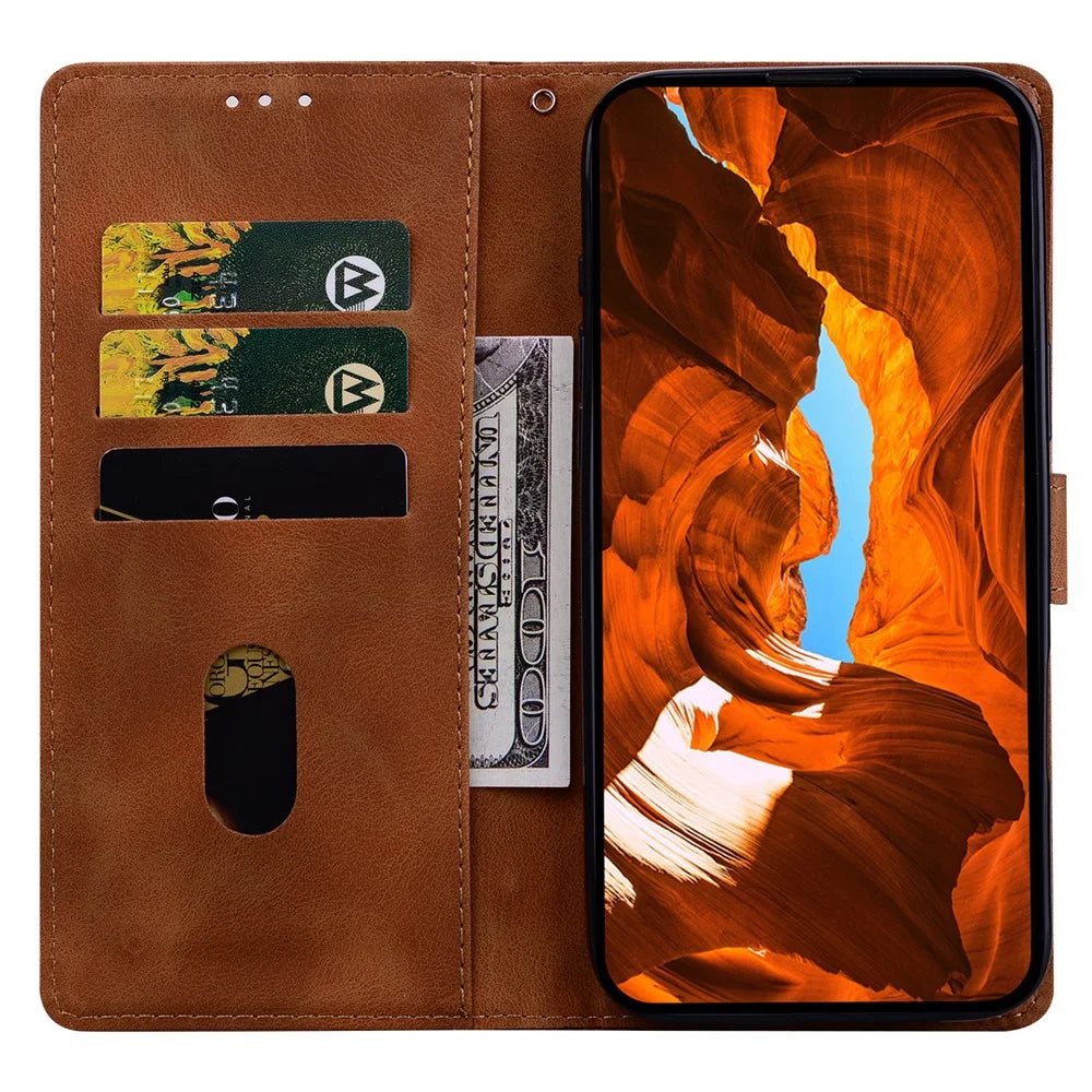 For Samsung Galaxy S25 Leather Case Imprinted Checkered Pattern Wallet Stand Flip Phone Cover - Brown - 2