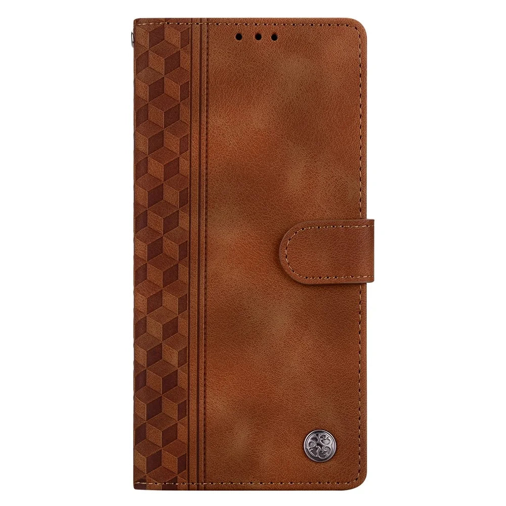 For Samsung Galaxy S25 Leather Case Imprinted Checkered Pattern Wallet Stand Flip Phone Cover - Brown - 4