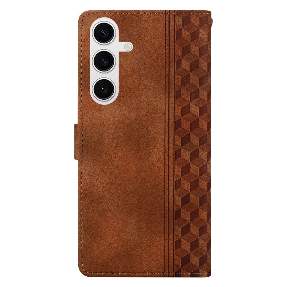 For Samsung Galaxy S25 Leather Case Imprinted Checkered Pattern Wallet Stand Flip Phone Cover - Brown - 5