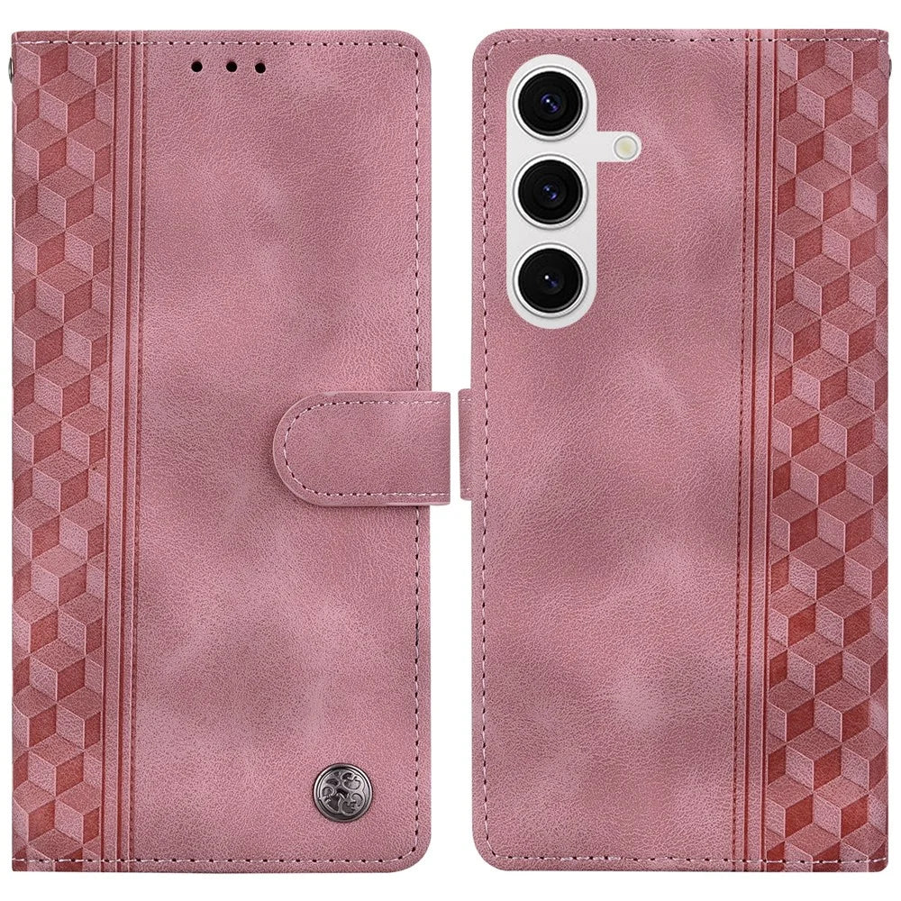 For Samsung Galaxy S25+ Leather Case Imprinted Checkered Pattern Wallet Stand Flip Phone Cover - Pink - 1