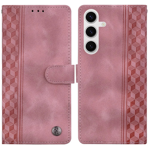 For Samsung Galaxy S25+ Leather Case Imprinted Checkered Pattern Wallet Stand Flip Phone Cover - Pink - 1