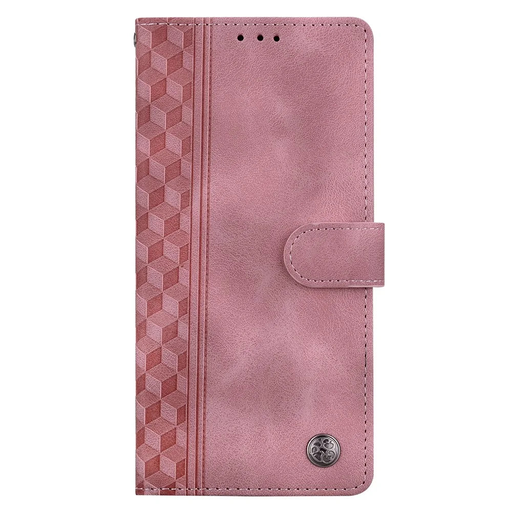 For Samsung Galaxy S25+ Leather Case Imprinted Checkered Pattern Wallet Stand Flip Phone Cover - Pink - 4
