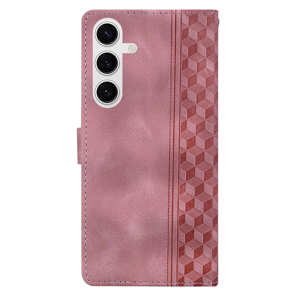 For Samsung Galaxy S25+ Leather Case Imprinted Checkered Pattern Wallet Stand Flip Phone Cover - Pink - 5
