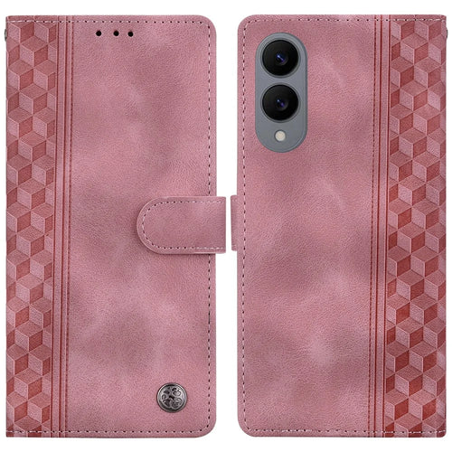 For Samsung Galaxy S25 Edge Leather Case Imprinted Checkered Pattern Wallet Stand Flip Phone Cover - Pink - 1