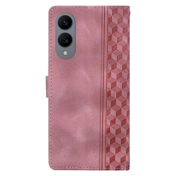 For Samsung Galaxy S25 Edge Leather Case Imprinted Checkered Pattern Wallet Stand Flip Phone Cover - Pink - 5