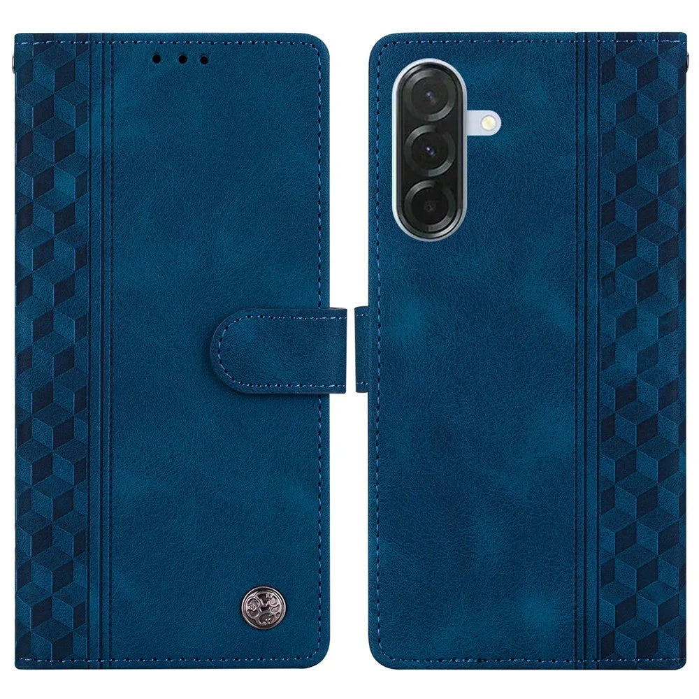 For Samsung Galaxy S24 FE Leather Case Imprinted Checkered Pattern Wallet Stand Flip Phone Cover - Blue - 1