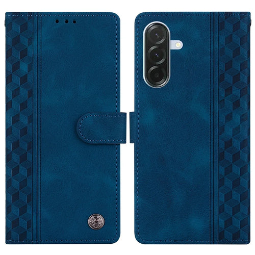 For Samsung Galaxy S24 FE Leather Case Imprinted Checkered Pattern Wallet Stand Flip Phone Cover - Blue - 1