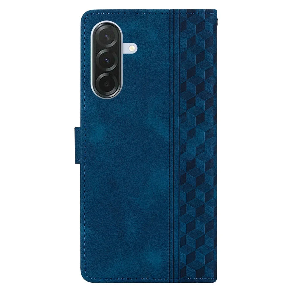 For Samsung Galaxy S24 FE Leather Case Imprinted Checkered Pattern Wallet Stand Flip Phone Cover - Blue - 5