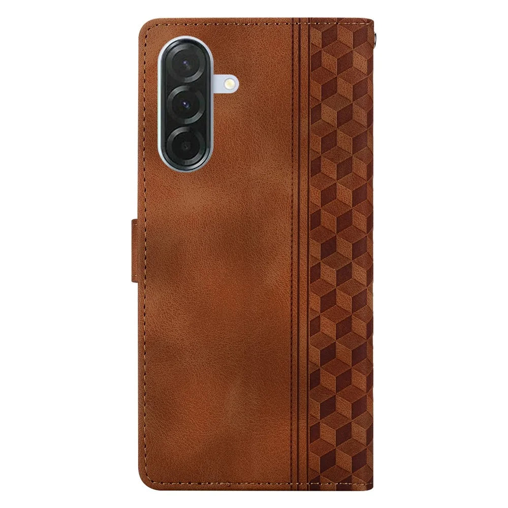 For Samsung Galaxy A56 5G  /  A36 5G Leather Case Imprinted Checkered Pattern Wallet Stand Flip Phone Cover - Brown - 5