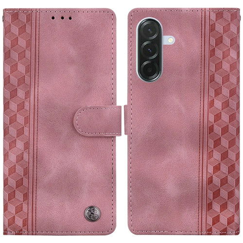 For Samsung Galaxy A26 5G Leather Case Imprinted Checkered Pattern Wallet Stand Flip Phone Cover - Pink - 1