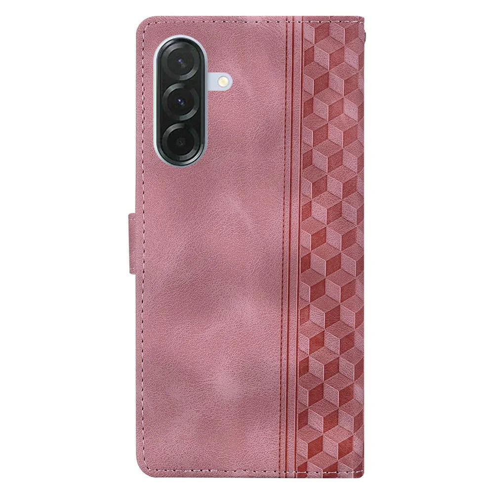 For Samsung Galaxy A26 5G Leather Case Imprinted Checkered Pattern Wallet Stand Flip Phone Cover - Pink - 5