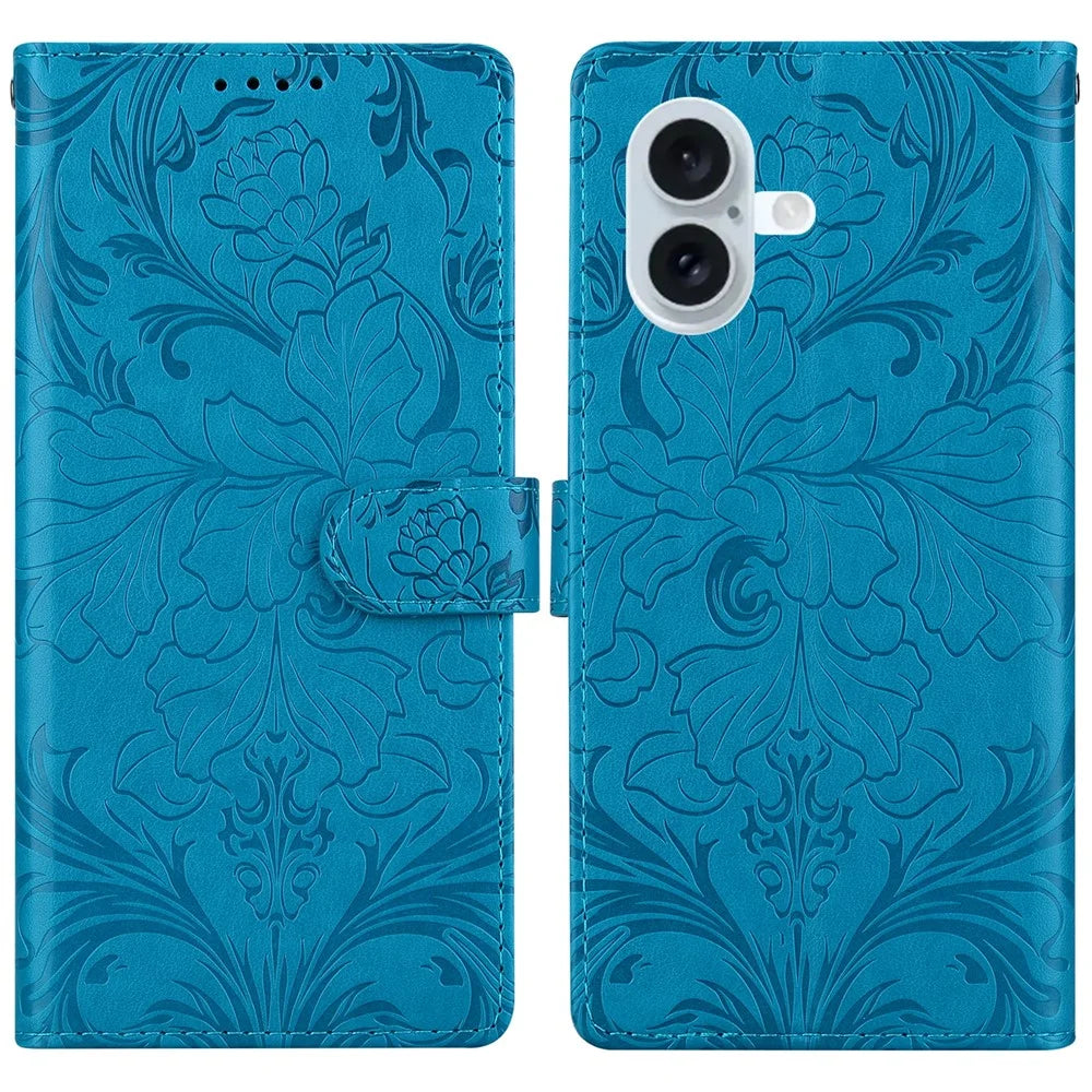 For iPhone 16 Plus Leather Case Imprinted Floral Pattern Wallet Stand Flip Phone Cover - Blue - 1