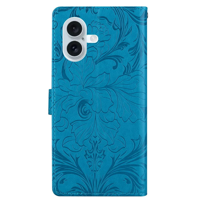 For iPhone 16 Plus Leather Case Imprinted Floral Pattern Wallet Stand Flip Phone Cover - Blue - 5