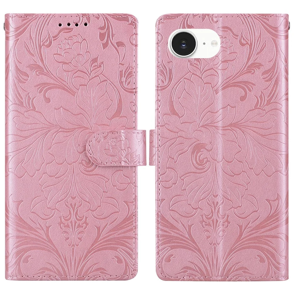 For iPhone 17e / 16e Leather Case Imprinted Floral Pattern Wallet Stand Flip Phone Cover - Pink - 1