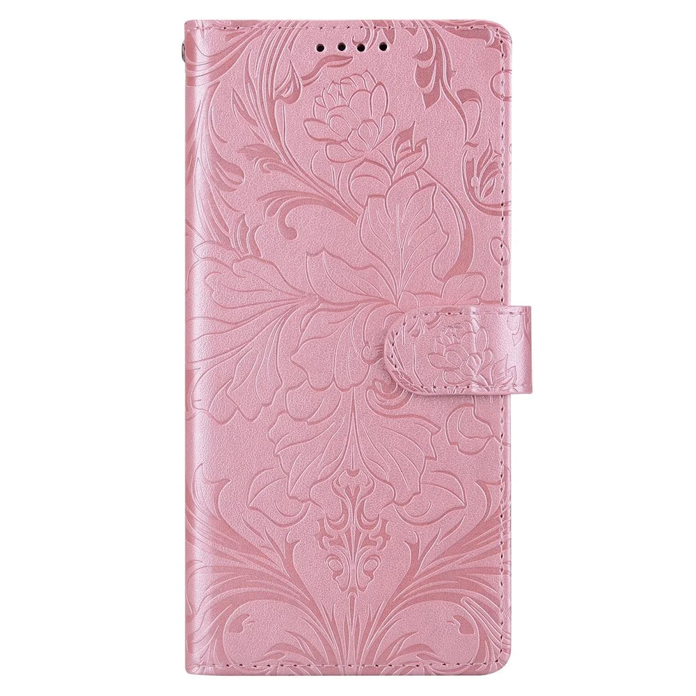 For iPhone 17e / 16e Leather Case Imprinted Floral Pattern Wallet Stand Flip Phone Cover - Pink - 4