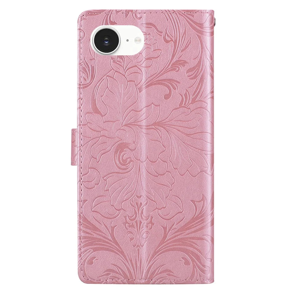 For iPhone 17e / 16e Leather Case Imprinted Floral Pattern Wallet Stand Flip Phone Cover - Pink - 5