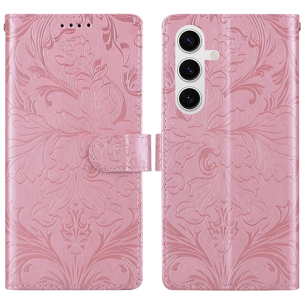 For Samsung Galaxy S25 Leather Case Imprinted Floral Pattern Wallet Stand Flip Phone Cover - Pink - 1