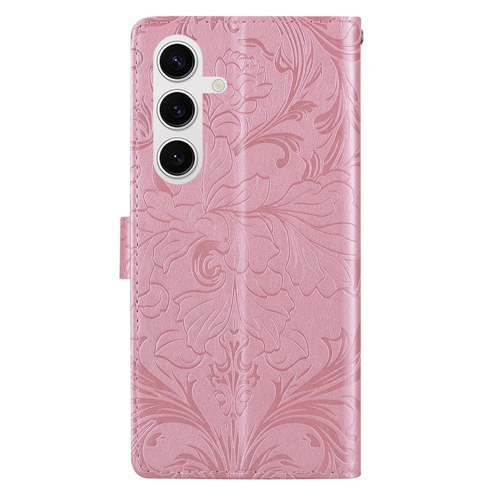 For Samsung Galaxy S25 Leather Case Imprinted Floral Pattern Wallet Stand Flip Phone Cover - Pink - 5
