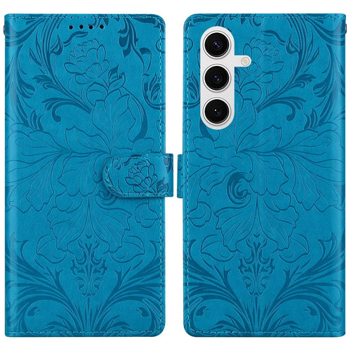 For Samsung Galaxy S25+ Leather Case Imprinted Floral Pattern Wallet Stand Flip Phone Cover - Blue - 1