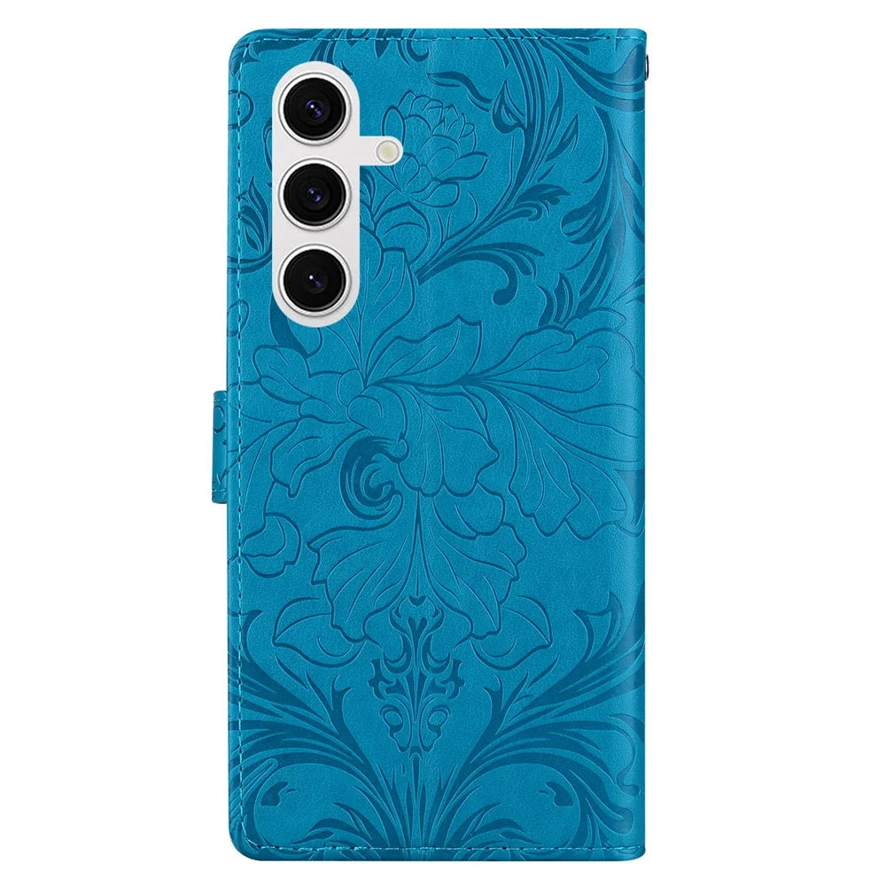 For Samsung Galaxy S25+ Leather Case Imprinted Floral Pattern Wallet Stand Flip Phone Cover - Blue - 5