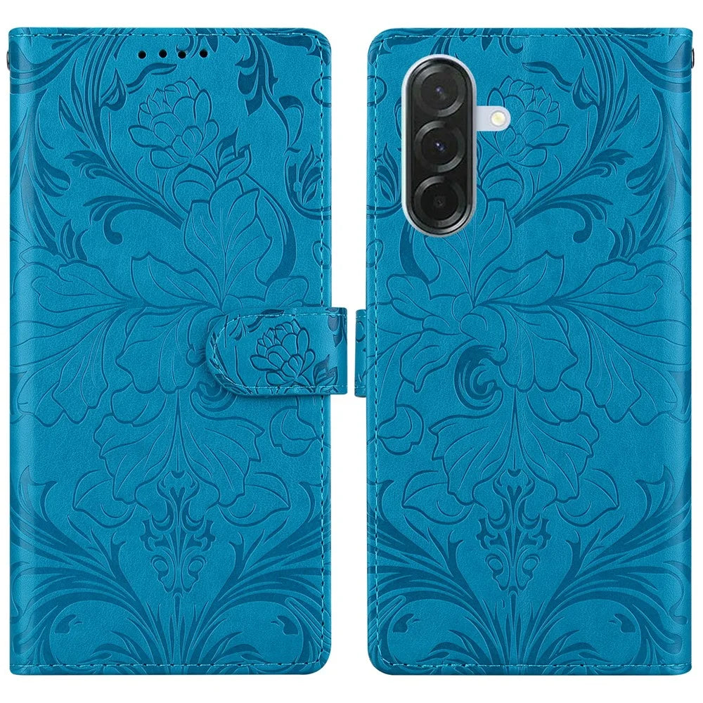 For Samsung Galaxy S24 FE Leather Case Imprinted Floral Pattern Wallet Stand Flip Phone Cover - Blue - 1