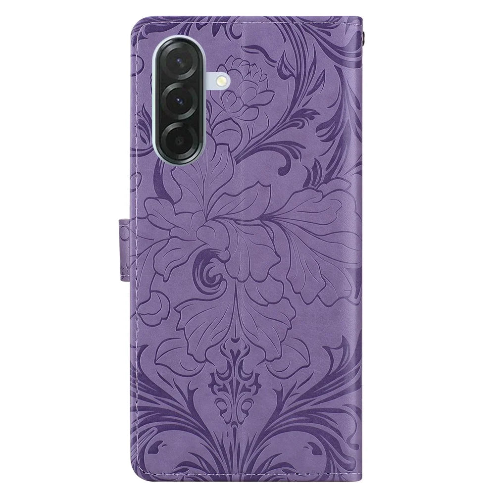 For Samsung Galaxy A16 5G  /  4G Leather Case Imprinted Floral Pattern Wallet Stand Flip Phone Cover - Purple - 5