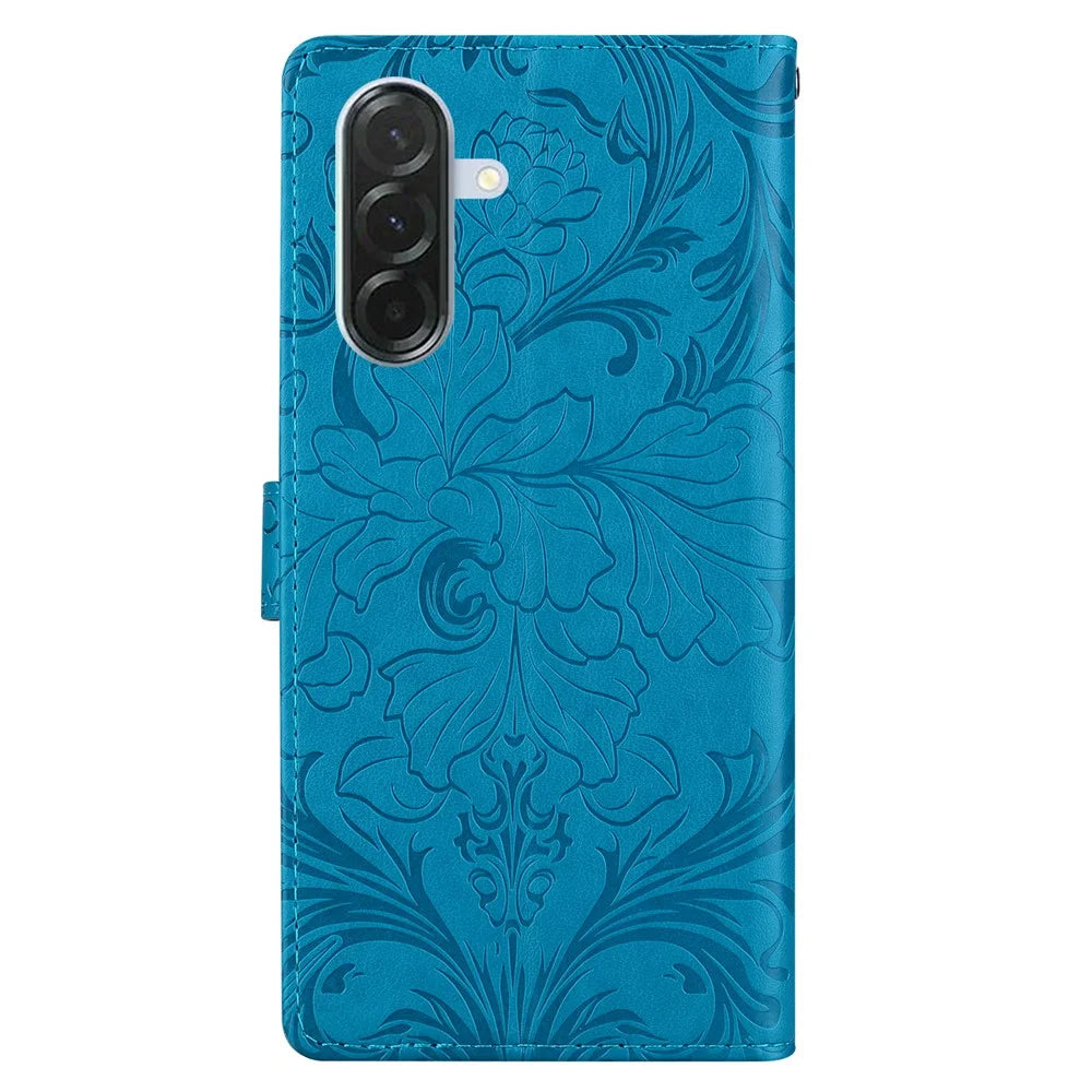 For Samsung Galaxy A26 5G Leather Case Imprinted Floral Pattern Wallet Stand Flip Phone Cover - Blue - 5