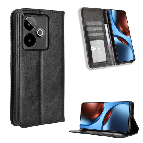 For Realme GT7 5G (China) / Realme GT 7 5G Leather Case Wallet Stand Retro Texture Phone Cover - Black - 1