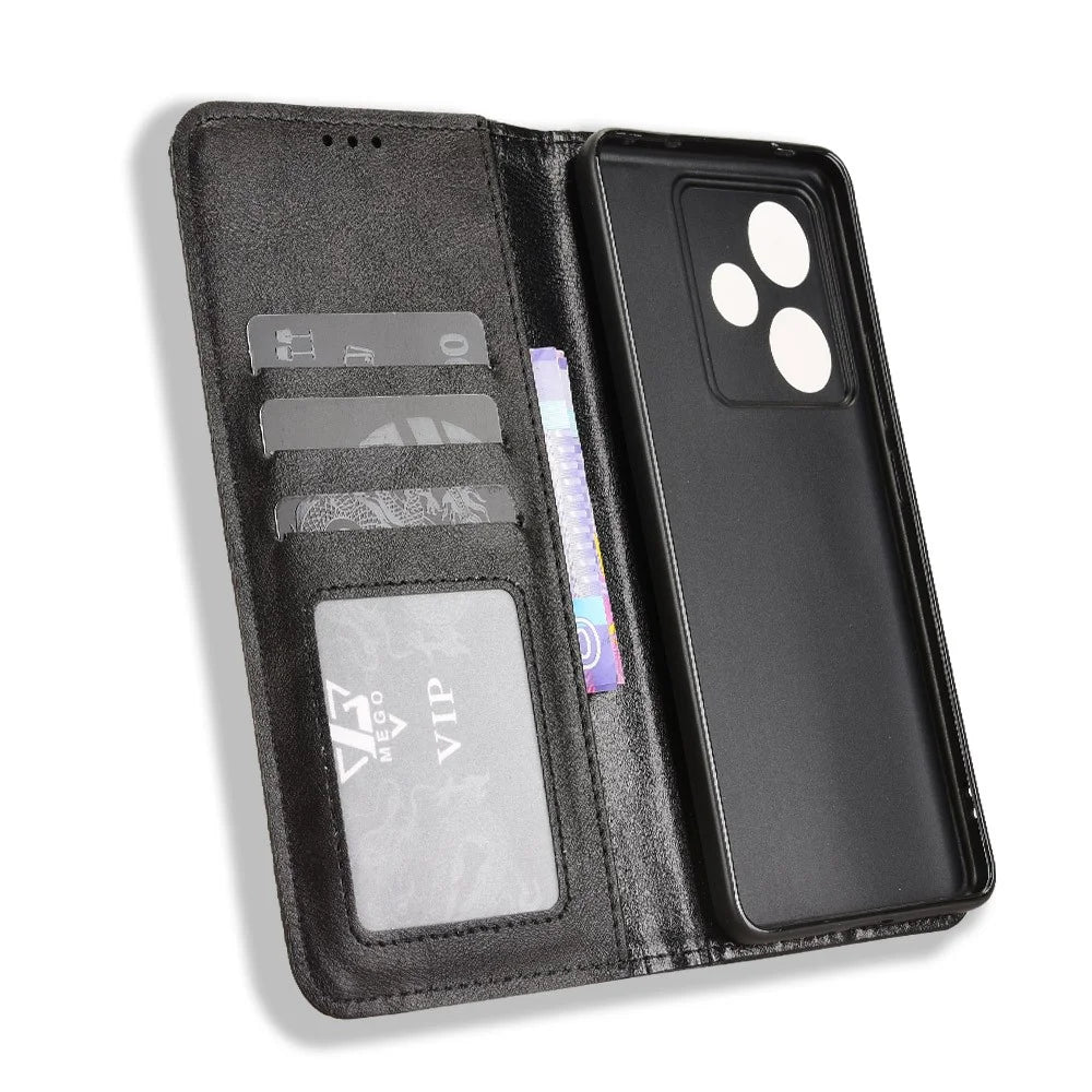 For Realme GT7 5G (China) / Realme GT 7 5G Leather Case Wallet Stand Retro Texture Phone Cover - Black - 5