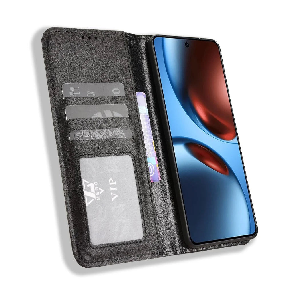 For Realme GT7 5G (China) / Realme GT 7 5G Leather Case Wallet Stand Retro Texture Phone Cover - Black - 6