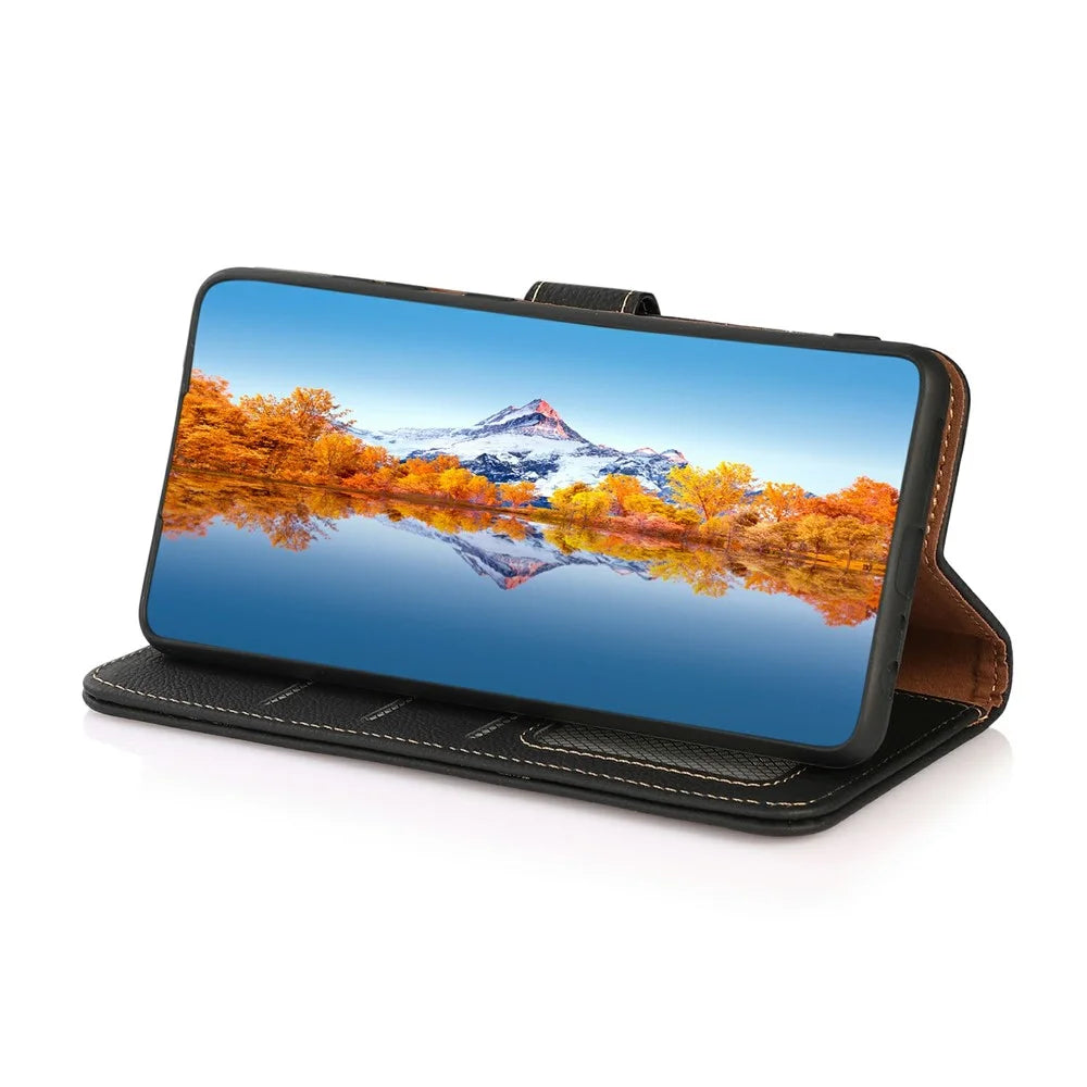 KHAZNEH for Samsung Galaxy A08 5G / A08 4G / A07 5G / A07 4G / A06 5G / A06 4G Case Genuine Cow Leather RFID Blocking Wallet Phone Cover - Black - 3
