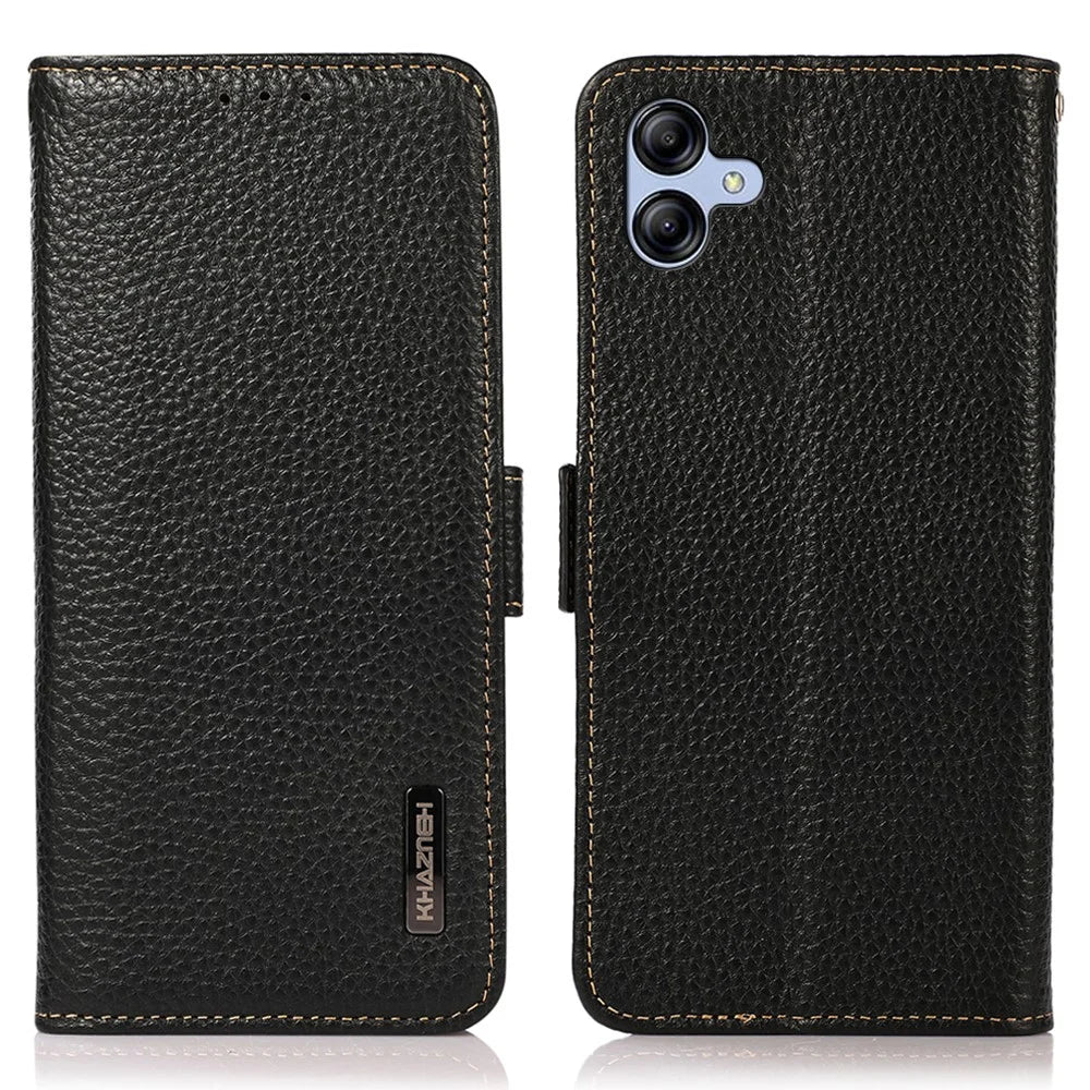 KHAZNEH for Samsung Galaxy A08 5G / A08 4G / A07 5G / A07 4G / A06 5G / A06 4G Phone Case Genuine Cow Leather Cover RFID Blocking - Black - 1