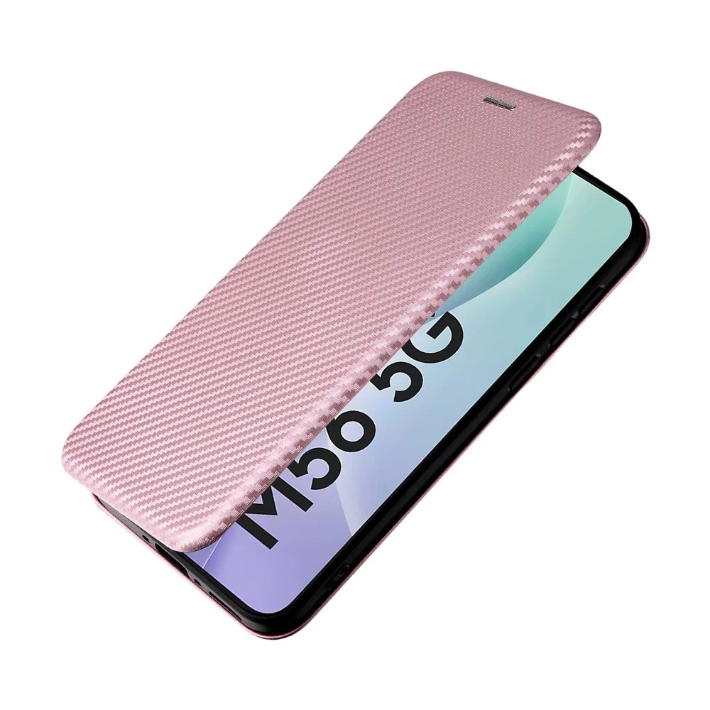For Samsung Galaxy M56 5G Case Carbon Fiber Texture Drop-Proof PU Leather Phone Cover - Rose Gold - 5