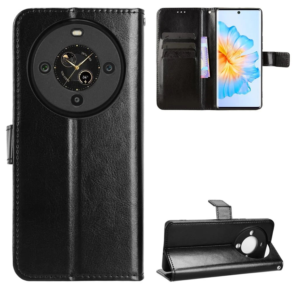 For FOSSiBOT S3 Pro 4G PU Leather Case with Strap Crazy Horse Texture Phone Wallet Cover - Black - 1