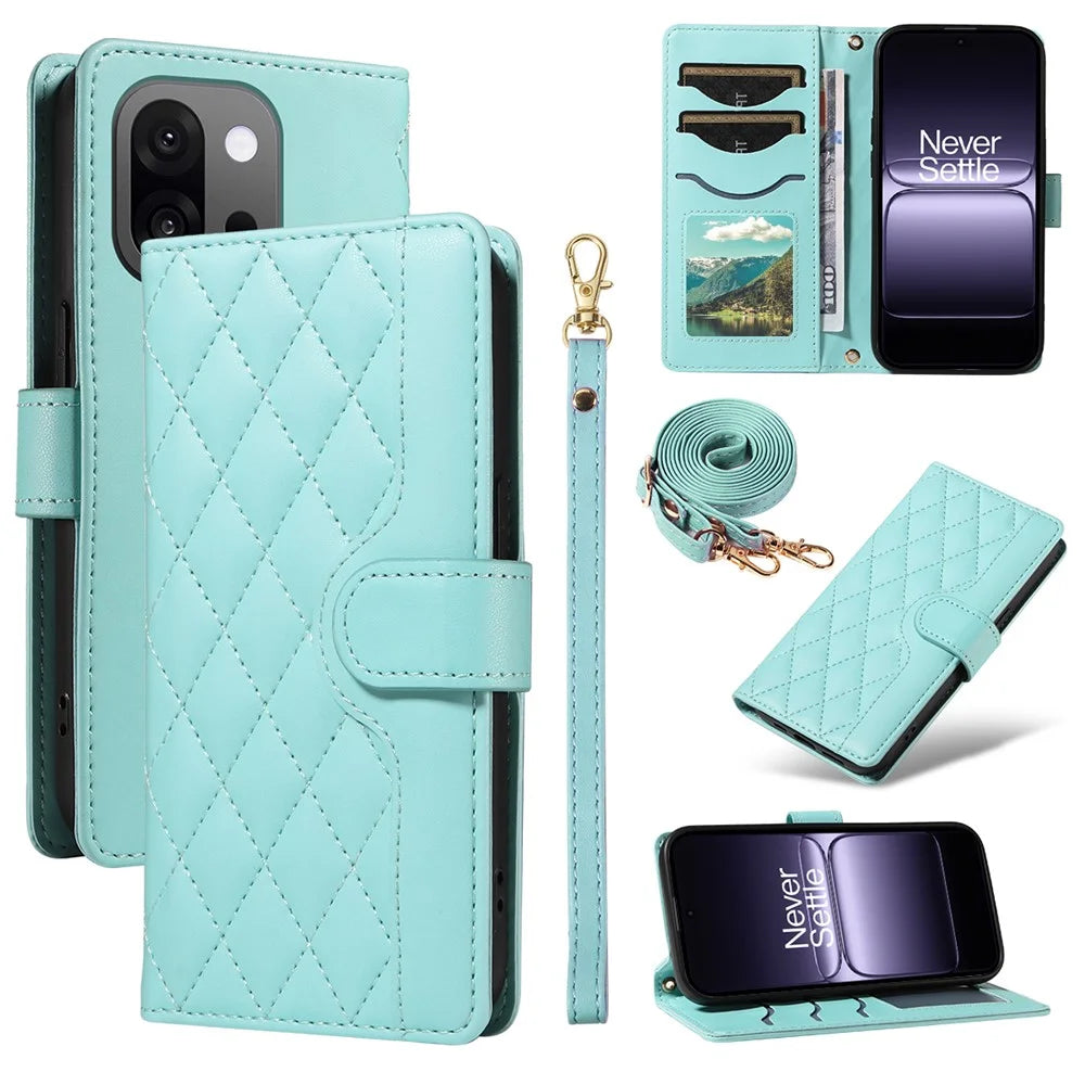For OnePlus 13T 5G Wallet Case Rhombus Leather Phone Cover with Strap - Green - 1