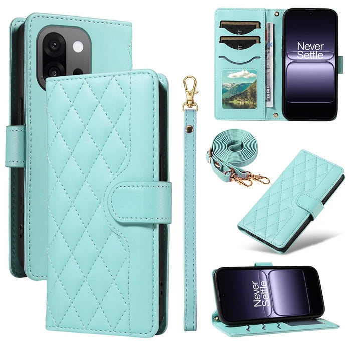 For OnePlus 13T 5G Wallet Case Rhombus Leather Phone Cover with Strap - Green - 1