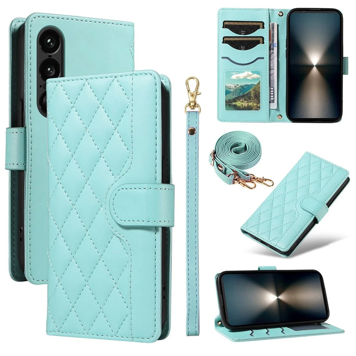 For Sony Xperia 1 VII Wallet Case Rhombus Leather Phone Cover with Strap - Green - 1