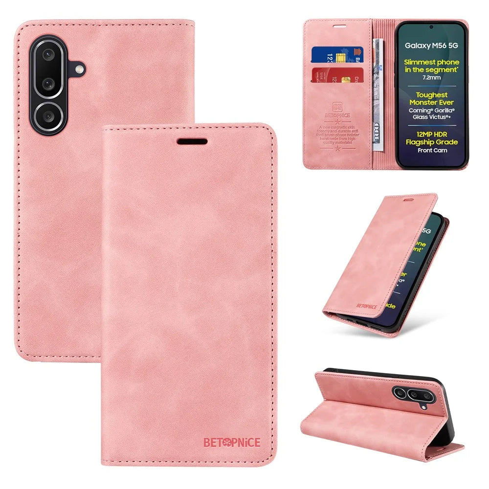 BETOPNICE For Samsung Galaxy M56 5G Case  Magnetic Closure RFID Blocking Wallet Stand Leather Phone Cover - Pink - 3