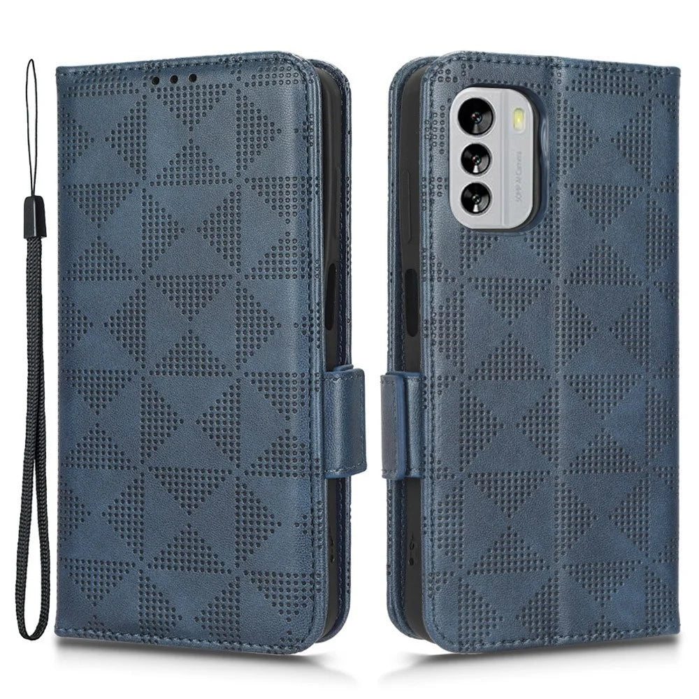 For Nokia G60 5G Imprinted Triangle Pattern PU Leather Stand Case Magnetic Closure Shockproof Phone Wallet Cover with Hand Strap - Blue - 1