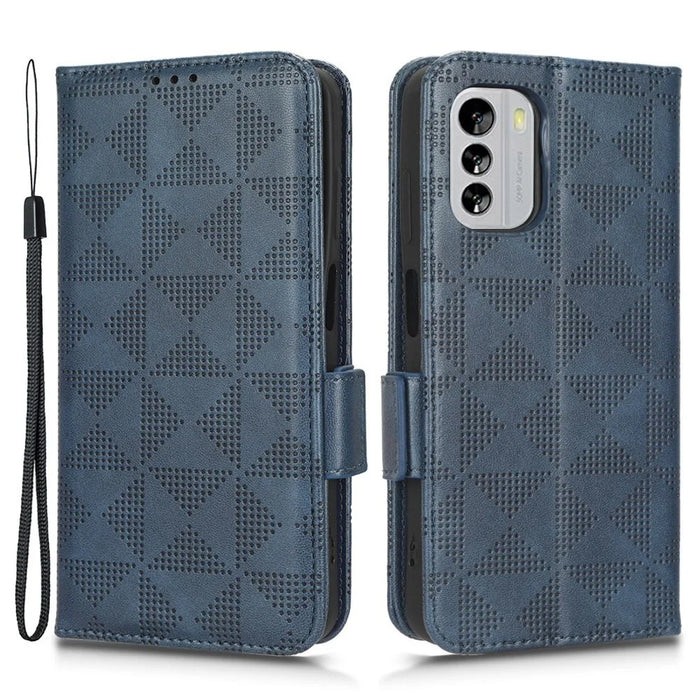 For Nokia G60 5G Imprinted Triangle Pattern PU Leather Stand Case Magnetic Closure Shockproof Phone Wallet Cover with Hand Strap - Blue - 1