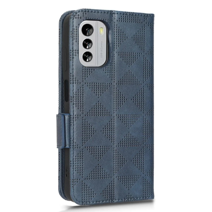 For Nokia G60 5G Imprinted Triangle Pattern PU Leather Stand Case Magnetic Closure Shockproof Phone Wallet Cover with Hand Strap - Blue - 6