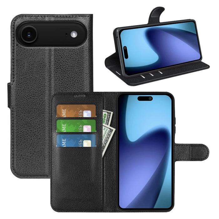 For iPhone Air Case Litchi Texture Shockproof Leather Wallet Phone Cover - Black - 6