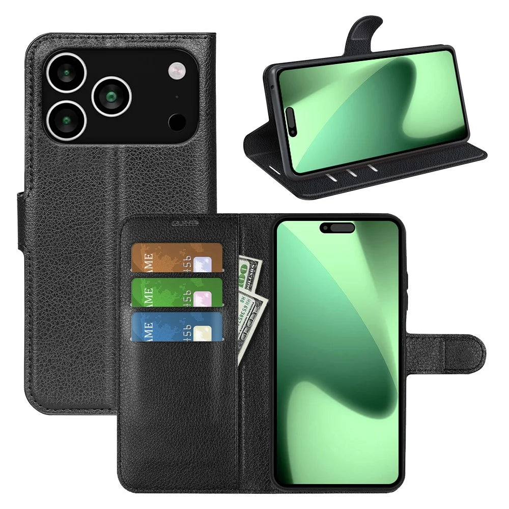 For iPhone 18 Pro Max / 17 Pro Max Case Litchi Texture Shockproof Leather Wallet Phone Cover - Black - 6