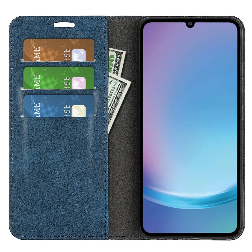 For Samsung Galaxy A25 5G (Global) (161.0 x 76.5 x 8.3mm) Case Skin Touch Leather Wallet Phone Cover - Blue - 5