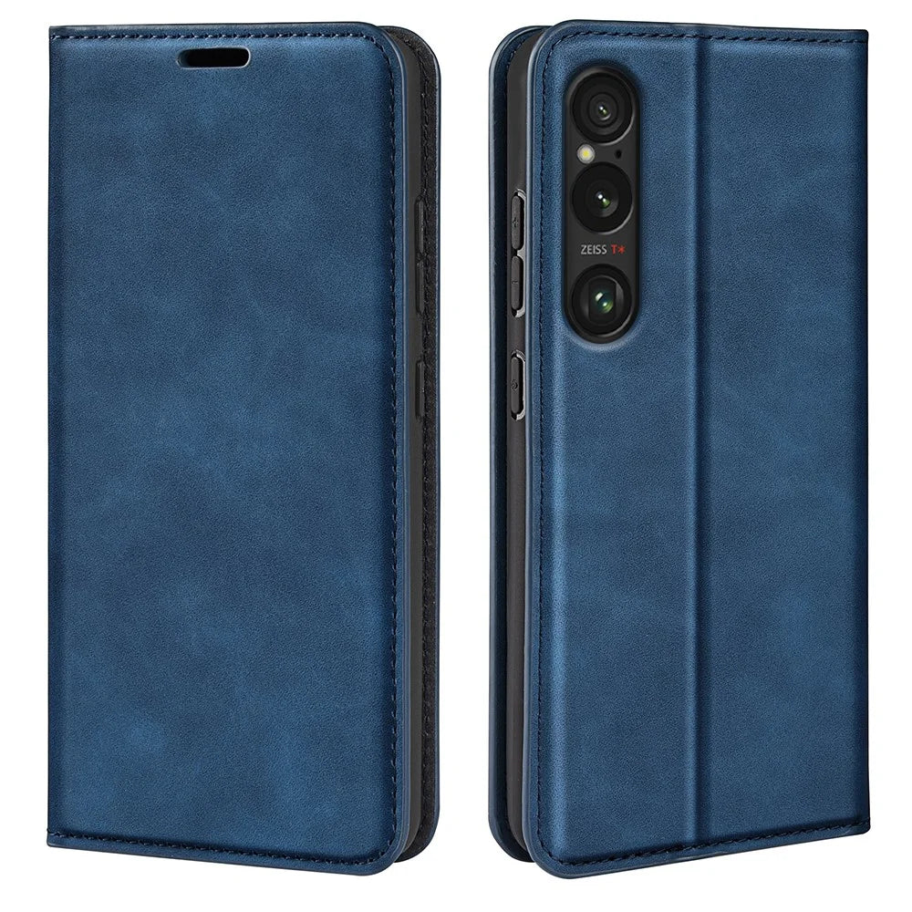 For Sony Xperia 1 VII Case Skin Touch Leather Wallet Phone Cover - Blue - 1